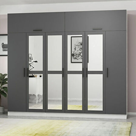 Minar Kale 6 Kapaklı 4 Aynalı 2 Ç Dolap Ve Yüklük Beyaz Antrasit 235CM