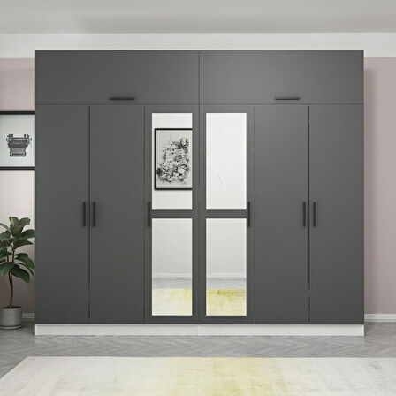 Minar Kale 6 Kapaklı 2 Aynalı 4 Ç Dolap Ve Yüklük Beyaz Antrasit 235CM