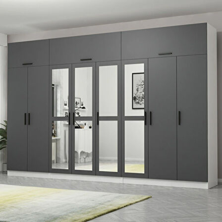 Minar Kale 8 Kapaklı 4 Aynalı 4 Ç Dolap Ve Yüklük Beyaz Antrasit 235CM