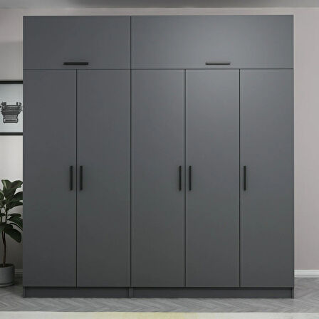 Minar Kale 5 Kapaklı 2 Çekmeceli Dolap Ve Yüklük Antrasit 235CM