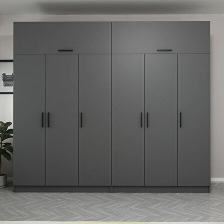 Minar Kale 6 Kapaklı 4 Çekmeceli Dolap Ve Yüklük Antrasit 235CM