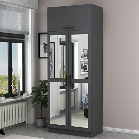 Minar Kale 2 Kapaklı 2 Aynalı Dolap Ve Yüklük Antrasit 235CM