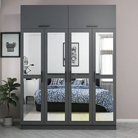 Minar Kale 4 Kapaklı 4 Aynalı 2 Ç Dolap Ve Yüklük Antrasit 235CM