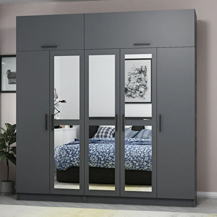 Minar Kale 5 Kapaklı 3 Aynalı 2 Ç Dolap Ve Yüklük Antrasit 235CM
