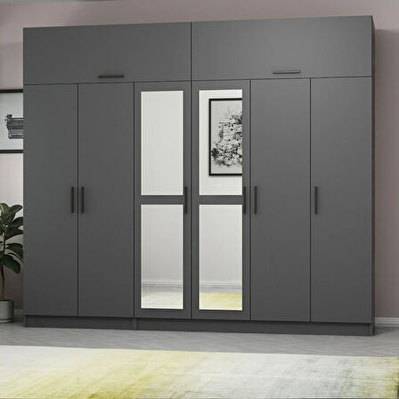 Minar Kale 6 Kapaklı 2 Aynalı 2 Ç Dolap Ve Yüklük Antrasit 235CM