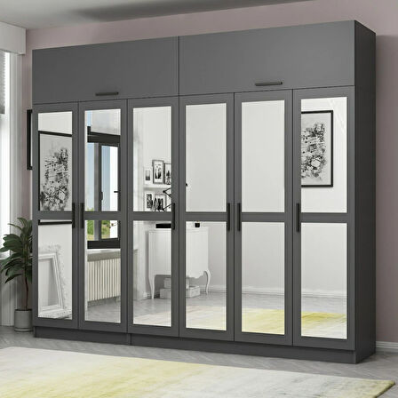 Minar Kale 6 Kapaklı 6 Aynalı 2 Ç Dolap Ve Yüklük Antrasit 235CM