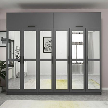 Minar Kale 6 Kapaklı 6 Aynalı 2 Ç Dolap Ve Yüklük Antrasit 235CM