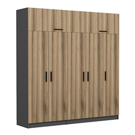 Minar Kale 5 Kapaklı 2 Çekmeceli Dolap Ve Yüklük Antrasit Dore 235CM