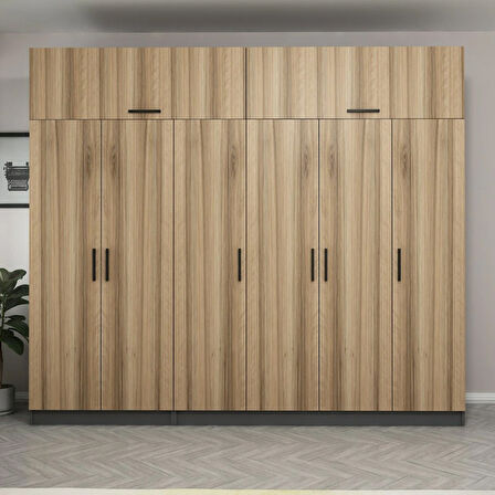 Minar Kale 6 Kapaklı 2 Çekmeceli Dolap Ve Yüklük Antrasit Dore 235CM