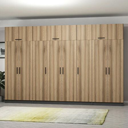 Minar Kale 8 Kapaklı 2 Çekmeceli Dolap Ve Yüklük Antrasit Dore 235CM