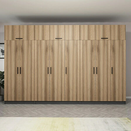 Minar Kale 8 Kapaklı 4 Çekmeceli Dolap Ve Yüklük Antrasit Dore 235CM