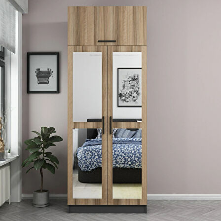 Minar Kale 2 Kapaklı 2 Aynalı Dolap Ve Yüklük Antrasit Dore 235CM