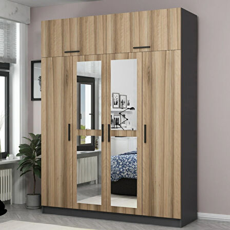 Minar Kale 4 Kapaklı 2 Aynalı 2 Ç Dolap Ve Yüklük Antrasit Dore 235CM