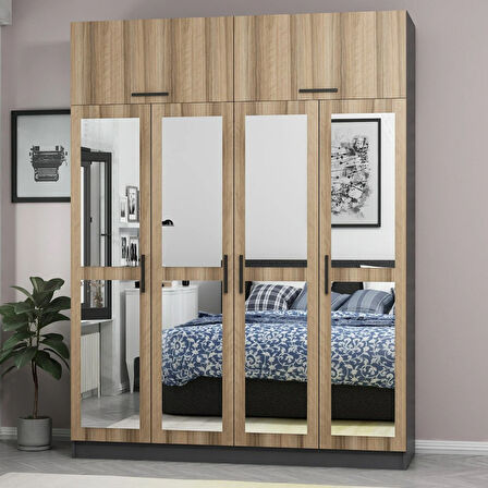 Minar Kale 4 Kapaklı 4 Aynalı 2 Ç Dolap ve Yüklük Antrasit Dore 235CM