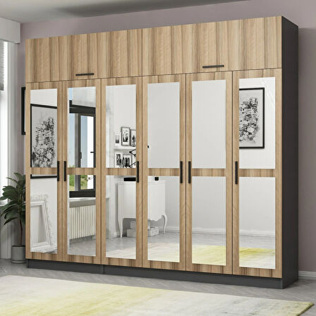 Minar Kale 6 Kapaklı 6 Aynalı 2 Ç Dolap Ve Yüklük Antrasit Dore 235CM