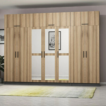 Minar Kale 7 Kapaklı 3 Aynalı 2 Ç Dolap Ve Yüklük Antrasit Dore 235CM