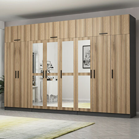 Minar Kale 8 Kapaklı 4 Aynalı 4 Ç Dolap Ve Yüklük Antrasit Dore 235CM