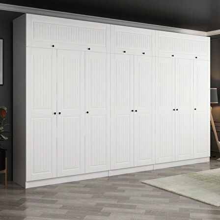 Minar Kale 8 Mebran Kapaklı 4 İç Çekmeceli Dolap Ve Yüklük Beyaz 255CM