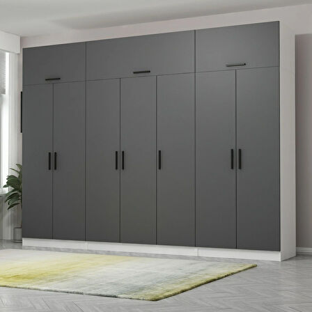 Minar Kale 7 Kapaklı 2 Çekmeceli Dolap Ve Yüklük Beyaz Antrasit 255CM