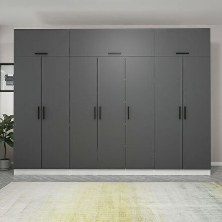 Minar Kale 7 Kapaklı 2 Çekmeceli Dolap Ve Yüklük Beyaz Antrasit 255CM