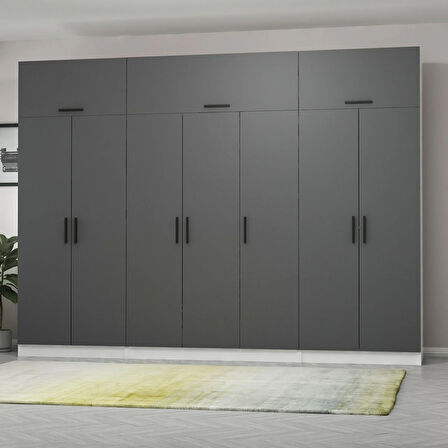 Minar Kale 7 Kapaklı 2 Çekmeceli Dolap Ve Yüklük Beyaz Antrasit 255CM