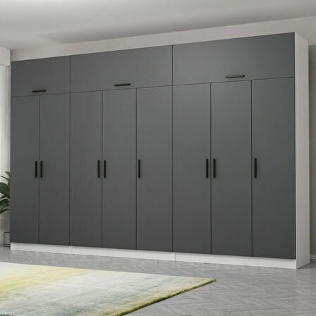 Minar Kale 8 Kapaklı 4 Çekmeceli Dolap Ve Yüklük Beyaz Antrasit 255CM