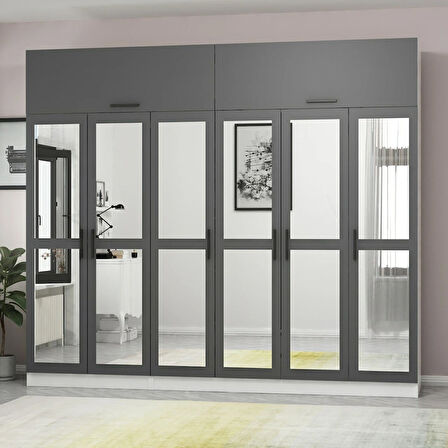 Minar Kale 6 Kapaklı 6 Aynalı 2 Ç Dolap Ve Yüklük Beyaz Antrasit 255CM