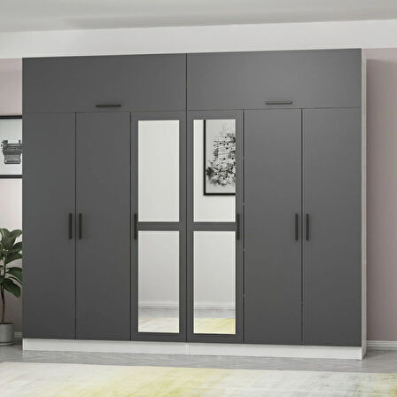 Minar Kale 6 Kapaklı 2 Aynalı 4 Ç Dolap Ve Yüklük Beyaz Antrasit 255CM