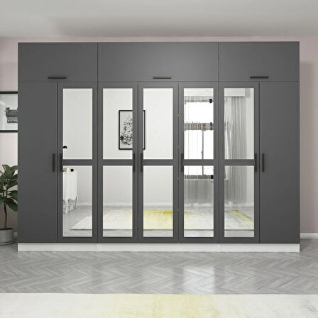 Minar Kale 7 Kapaklı 5 Aynalı 2 Ç Dolap Ve Yüklük Beyaz Antrasit 255CM