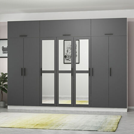 Minar Kale 7 Kapaklı 3 Aynalı 4 Ç Dolap Ve Yüklük Beyaz Antrasit 255CM