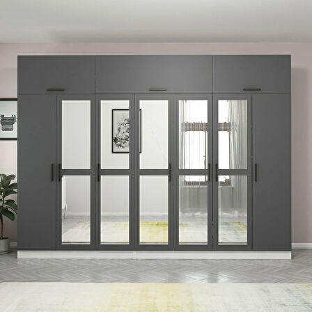 Minar Kale 7 Kapaklı 5 Aynalı 4 Ç Dolap Ve Yüklük Beyaz Antrasit 255CM