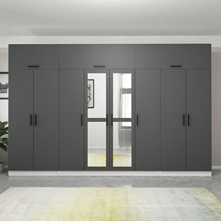 Minar Kale 8 Kapaklı 2 Aynalı 2 Ç Dolap Ve Yüklük Beyaz Antrasit 255CM