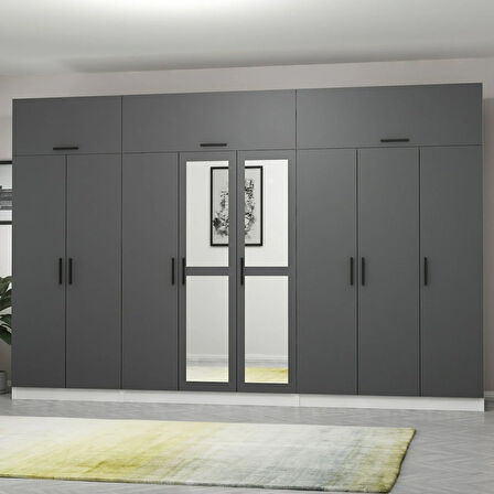 Minar Kale 8 Kapaklı 2 Aynalı 4 Ç Dolap Ve Yüklük Beyaz Antrasit 255CM