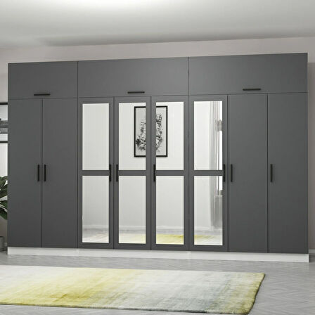 Minar Kale 8 Kapaklı 4 Aynalı 4 Ç Dolap Ve Yüklük Beyaz Antrasit 255CM