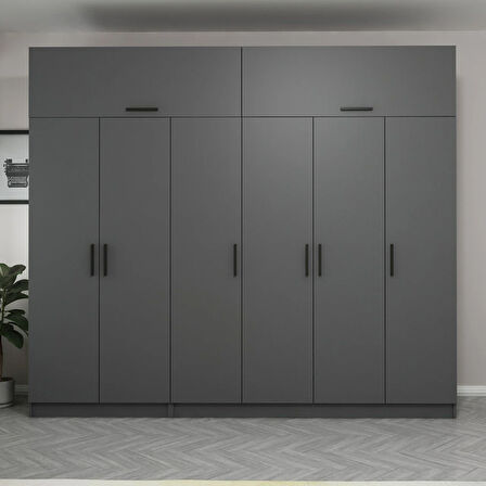 Minar Kale 6 Kapaklı 2 Çekmeceli Dolap Ve Yüklük Antrasit 255CM