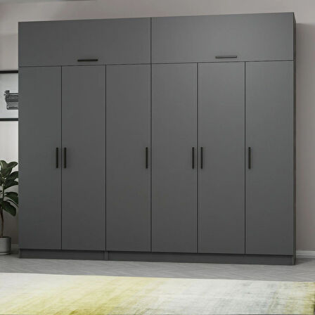 Minar Kale 6 Kapaklı 2 Çekmeceli Dolap Ve Yüklük Antrasit 255CM