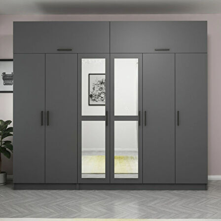 Minar Kale 6 Kapaklı 2 Aynalı 2 Ç Dolap Ve Yüklük Antrasit 255CM