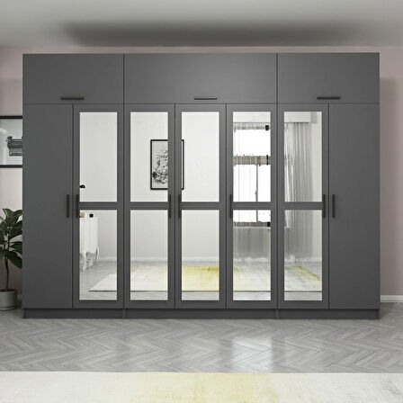 Minar Kale 7 Kapaklı 5 Aynalı 2 Ç Dolap Ve Yüklük Antrasit 255CM