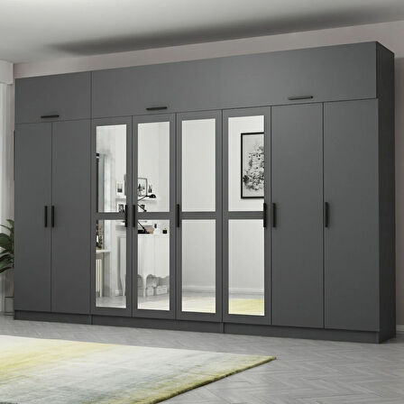 Minar Kale 8 Kapaklı 4 Aynalı 4 Ç Dolap Ve Yüklük Antrasit 255CM