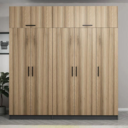 Minar Kale 5 Kapaklı 2 Çekmeceli Dolap Ve Yüklük Antrasit Dore 255CM