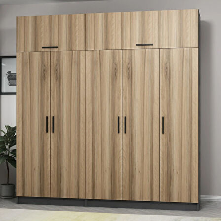 Minar Kale 5 Kapaklı 2 Çekmeceli Dolap Ve Yüklük Antrasit Dore 255CM