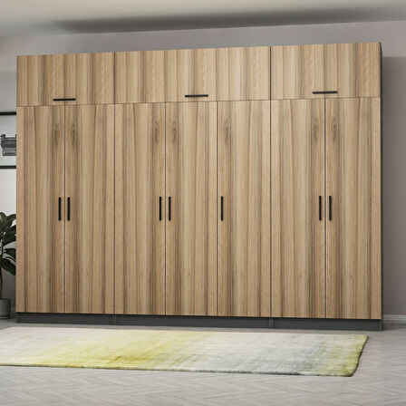 Minar Kale 7 Kapaklı 2 Çekmeceli Dolap Ve Yüklük Antrasit Dore 255CM