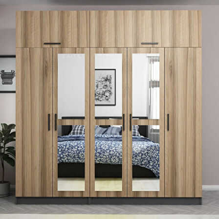 Minar Kale 5 Kapaklı 3 Aynalı 2 Ç Dolap Ve Yüklük Antrasit Dore 255CM