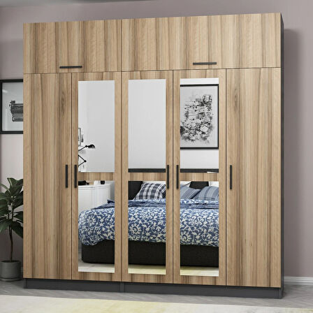 Minar Kale 5 Kapaklı 3 Aynalı 2 Ç Dolap Ve Yüklük Antrasit Dore 255CM