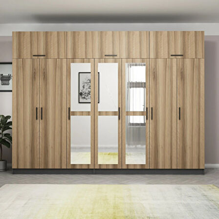 Minar Kale 7 Kapaklı 3 Aynalı 4 Ç Dolap Ve Yüklük Antrasit Dore 255CM