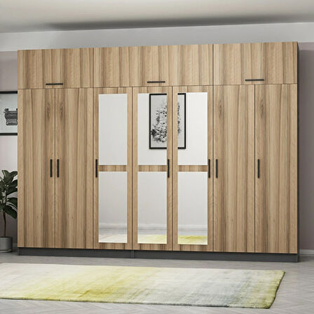 Minar Kale 7 Kapaklı 3 Aynalı 4 Ç Dolap Ve Yüklük Antrasit Dore 255CM