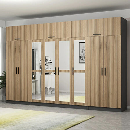 Minar Kale 8 Kapaklı 4 Aynalı 2 Ç Dolap Ve Yüklük Antrasit Dore 255CM