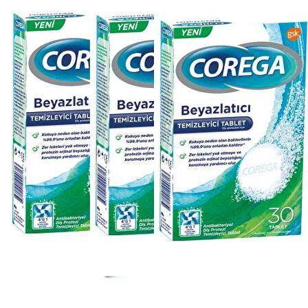Corega Diş Protezi Beyazlatıcı Temizleyicisi Tablet 30 luk - Tüm Protezler İçin-3 Adet