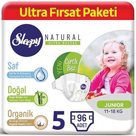 Sleepy Natural Bebek Bezi 5 Beden Ultra Fırsat Paketi 96'lı