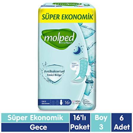 Molped Süper Ekonomik Antibakteriyel Ped Gece 16x6 96 Adet
